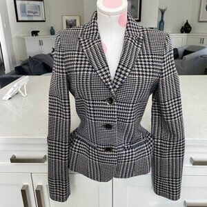 Armani Jeans 3 Button Houndstooth Lined Wool Poly Blend Blazer Navy Cream Sz 6